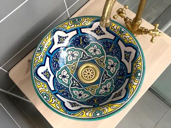 Marokkaanse Waskom handmade  30 cm doorsnede goud blauw  Ria 220